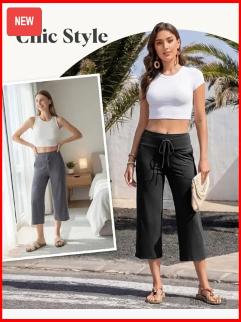 High Waisted Wide Leg Capri Pants with Pockets Casual Drawstring Summer